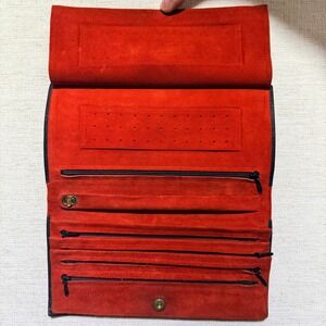 Horchow Germany Jewelry Roll Travel Organizer Women OS Black Red Leather Suede